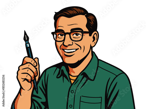 cheerful male cartoonist or animator holding an ink pen, dressed in a blazer with a creative expression. Generative ai vector colorful pop art illustration.