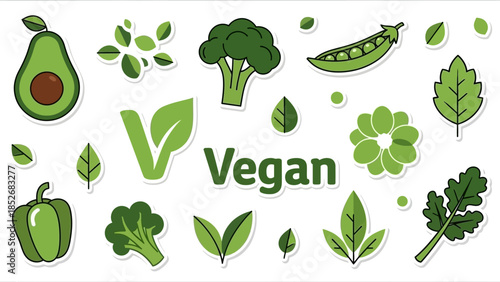 Vegan Diet Food Icons Fresh Green Vegetables and Plants Sticker Set
