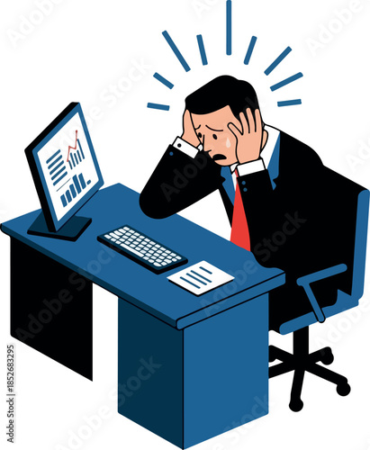 Stressed Businessman Holds Head Desk Computer Charts Data Error Office Stress