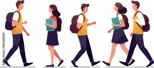 Students Walking With Backpacks And Books Minimal Flat Design Vector Illustration