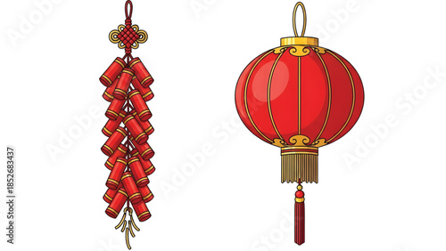 hanging firecrackers and Chinese New Year lanterns