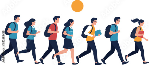 Students Walking With Backpacks And Books Simple Flat Design