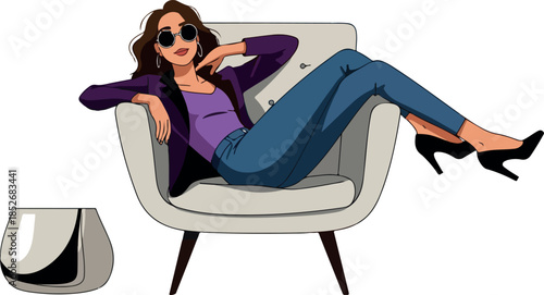Stylish Woman Relaxing In Armchair With Purse Flat Design Isolated