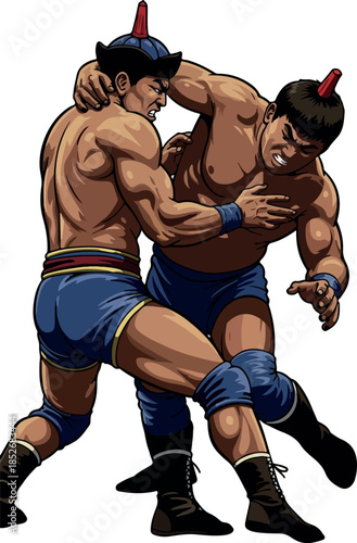 Sumo Wrestlers Battle In Blue Trunks And Red Headbands Under Studio Lighting