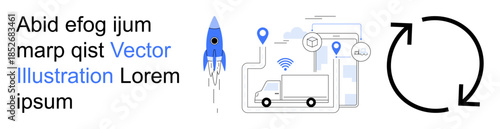 Logistics, technology, delivery services, GPS tracking, wireless communication, process automation. Rocket and truck with GPS icons and sync arrow. Logistics and technology concept
