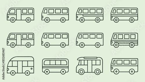 Extensive collection of bus line art illustrations, featuring various models suitable for transportation and travel-themed designs