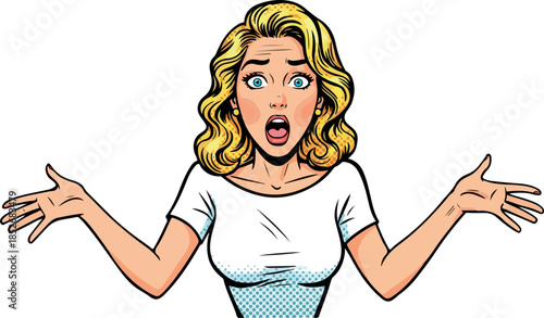 Surprised Blonde Woman Shrugging Shoulders With Open Mouth and Wide Eyes