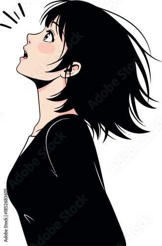 Surprised Woman Looking Up Black Hair Black Shirt Minimalist Vector Art