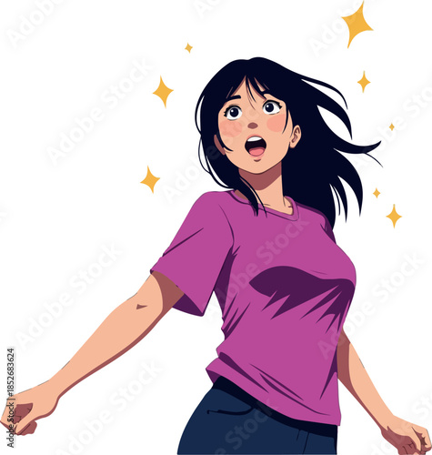 Surprised Woman Purple T Shirt Sparkling Happy Expression Vector