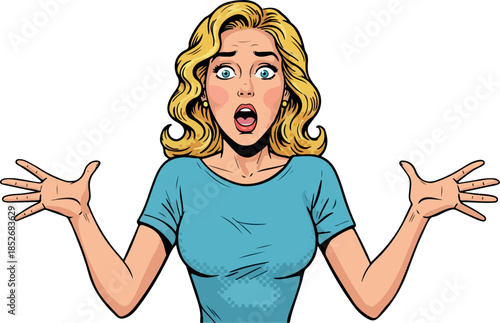 Surprised Woman Blue Shirt Arms Out Open Mouth Comic Style