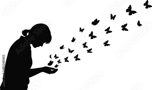 Butterfly release silhouette icon set, black illustration of transformation, emotional freedom, and symbolic letting go concept graphic