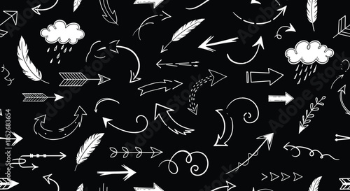 Seamless pattern of white hand-drawn chalk style arrows feathers and clouds with rain raindrops on a solid black background.