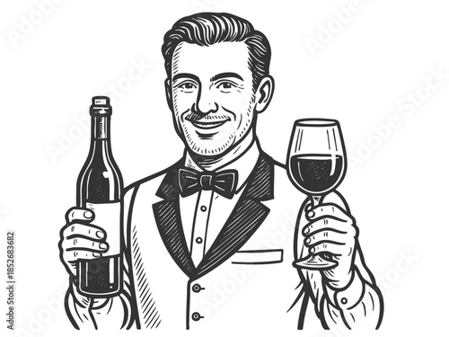 smiling sommelier in formal attire presenting a bottle of wine and a filled glass sketch engraving generative ai fictional character vector illustration. Scratch board imitation. Black and white image