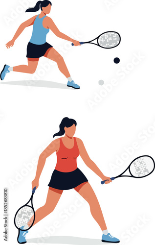 Tennis Player Woman Playing Match Blue Orange Outfit Flat Design
