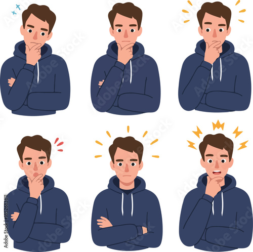 Thinking Man Vector Art Expressing Confusion And Ideas In Blue Hoodie