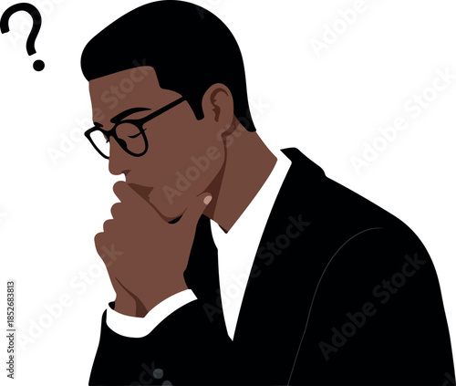 Thoughtful Black Man In Suit Pondering A Question White Background