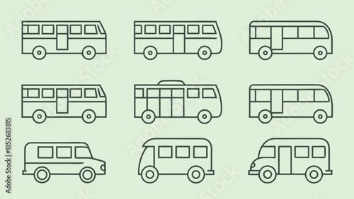 Collection of various bus line art illustrations, depicting different vehicle styles for transportation and public transit graphics