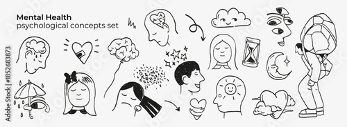Mental health doodle illustration set showing emotional states, inner child, anxiety, healing, self reflection, wellbeing. Minimal black line art symbols for therapy content, blogs, awareness design.
