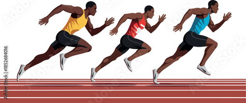 Three Runners Sprinting on Track Yellow Red Blue Outfits Athletic Competition