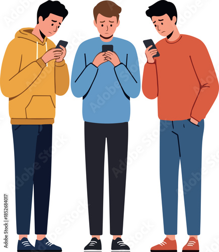 Three Sad Boys In Yellow Blue Orange Sweaters Using Phones