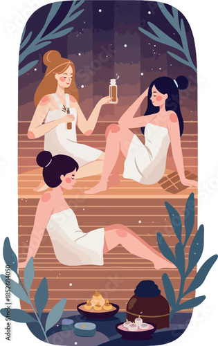 Three Women Relaxing In A Cozy Wooden Sauna With Essential Oils