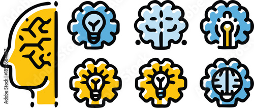 Dynamic collection of icons displaying a human head with brain, various cogwheel-brains, and lightbulb elements representing ideas and intellect