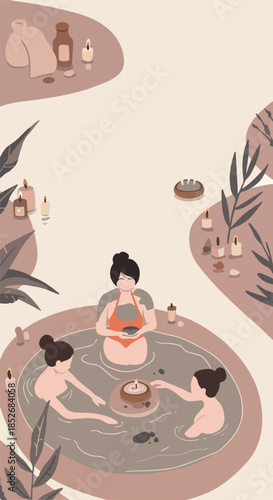Three Women Relaxing In A Mud Bath With Candles and Plants