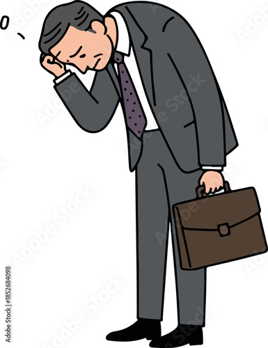 Tired Businessman Holding Briefcase in Gray Suit and Purple Tie Looking Dejected