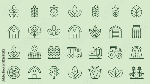 Farm and agriculture line vector icons. set of plants, trees, farmhouses, tractors, and milk in a modern linear design style