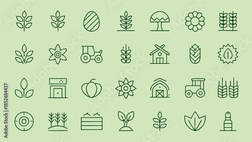 Farming and agriculture thin line icons set. farm life symbols including plants, vegetables, egg, sunflower, tractor and barn