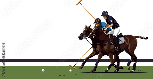 Two Horse Riders Playing Polo Game Dark Blue Outfits Green Field