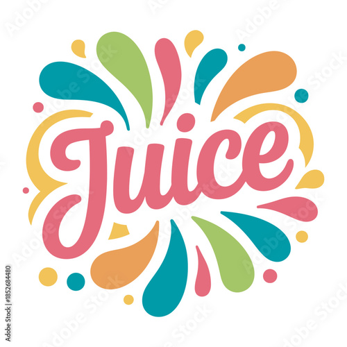 colorful juice text with abstract shapes, vector illustration