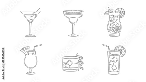 Collection of six black and white line art illustrations of cocktail glasses and mixed drinks