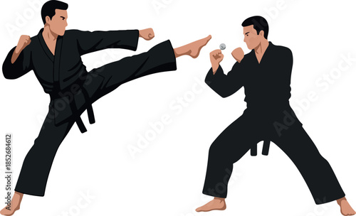 Two Men Martial Arts Training Black Gi Karate Kick Fight Isolated