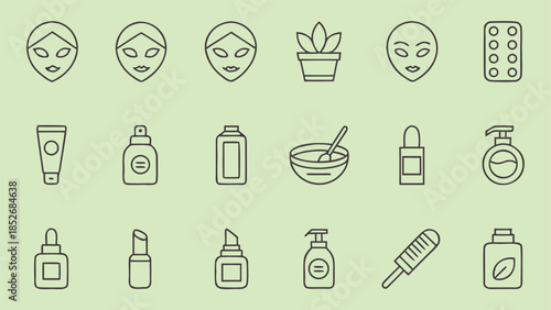beauty and cosmetic line icons arranged in grid isolated on light green background vector
