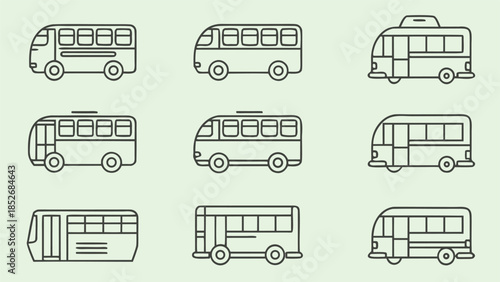 nine unique bus icons in outline style representing different passenger transport vehicles