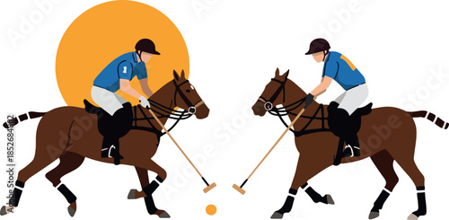 Two Polo Players Horseback White Background Orange Sun Minimalist Illustration