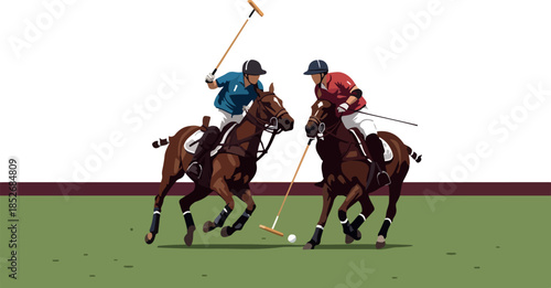 Two Polo Players on Horses in Action Vector Illustration with Green Field