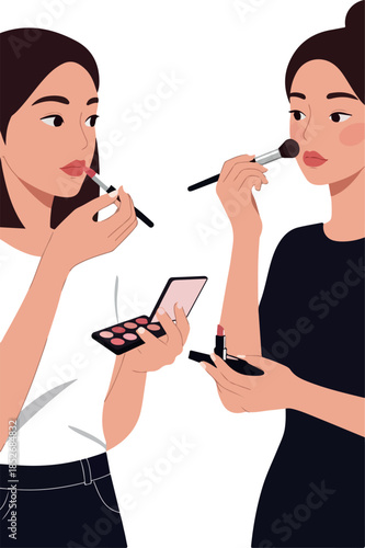 Two Women Applying Makeup Flat Illustration With Soft Lighting