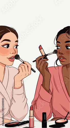 Two Women Applying Makeup With Brushes and Lipstick Flat Design