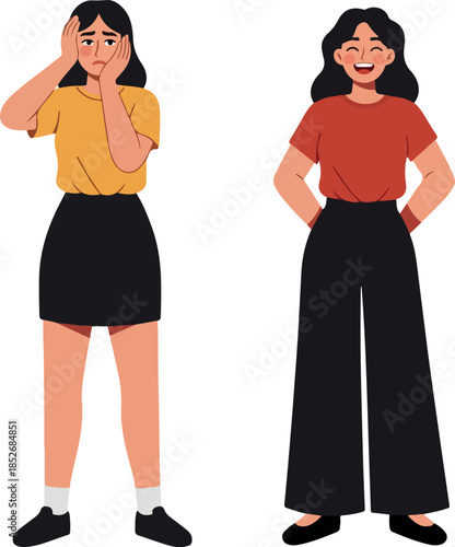 Two Women Comparing Emotions Yellow Orange Top Black Skirt and Red Top Black Pants