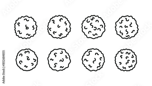 Set of eight black and white line art icons of textured spheres or meatballs in a grid