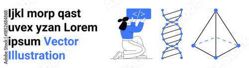 Programming, biotechnology, education, innovation, coding concepts, futuristic designs. A person coding with a DNA strand and geometric shape next to them. Programming and biotechnology concepts