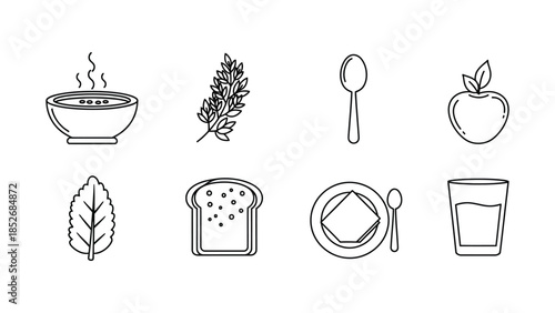 Black and white line art icons representing healthy eating and meal presentation elements