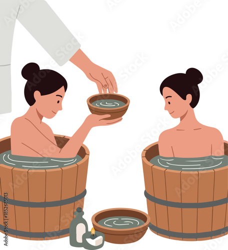 Two Women Enjoying Hot Springs Baths with Massage Oil and Candle