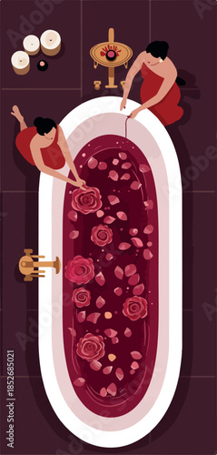 Two Women in Red Dresses Enjoy Rose Petal Bath with Candles