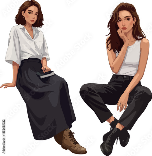Two Women Sitting Casual Outfits Isolated White Background Detailed Illustration