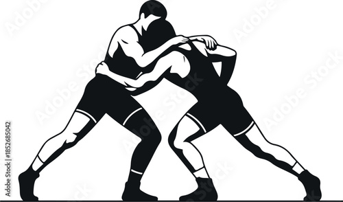 Two Wrestlers Grappling in a Silhouette Style Isolated on White