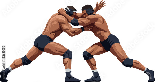 Two Wrestlers Grappling In Black Singlets And Headgear Flat Illustration