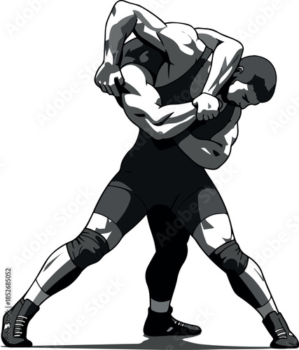 Two Wrestlers Grappling in Black Singlets Dynamic Action Pose Isolated